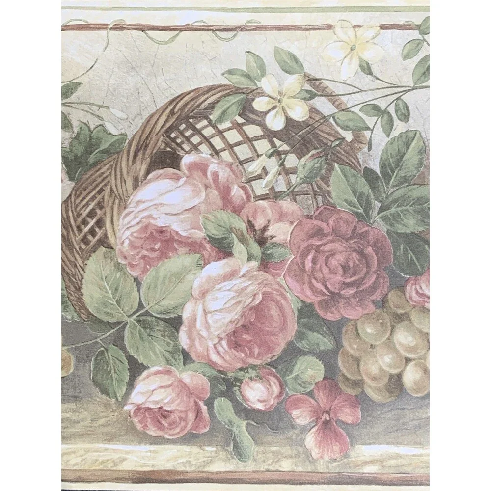 Wallpaper Border Basket Weave Flowers Grapes Fruit The Valley Collection